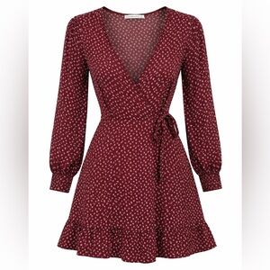 Abercrombie and Fitch Burgundy Floral Wrap Dress with Ruffle Hem
